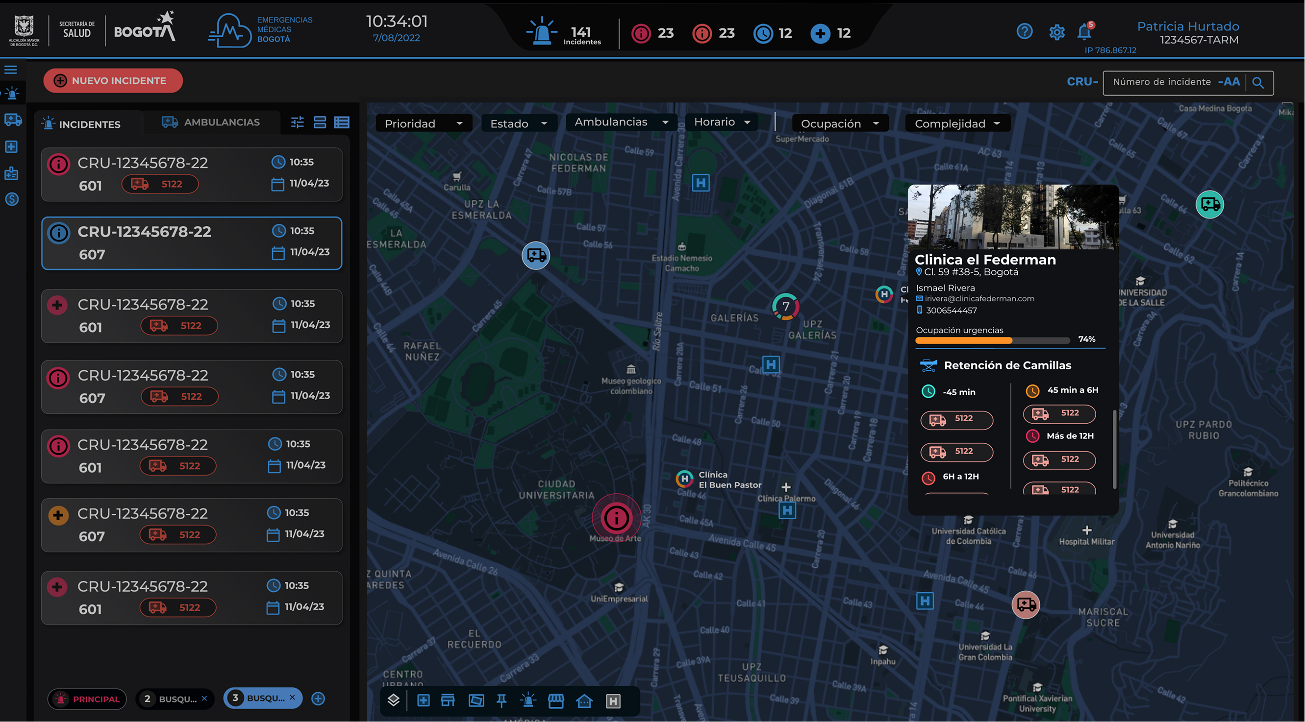 SISEM final interface showing the complete dispatch dashboard with incident list, active workspace, and operational indicators